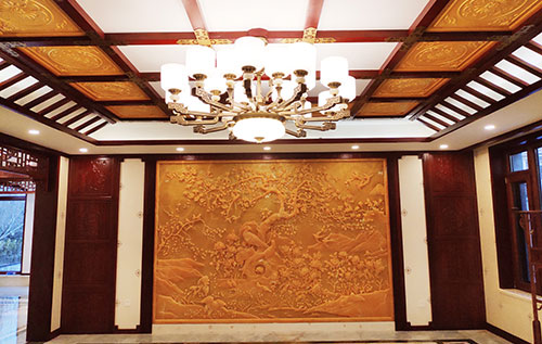沙县中式别墅客厅中式木作横梁吊顶装饰展示